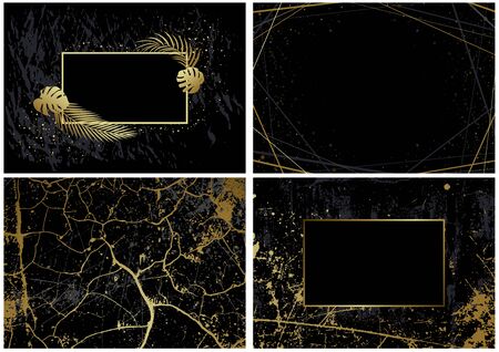 Set of Black Backgrounds with Artistic Golden Decoration - Gold Marble Pattern and Gold Lines Pattern and Gold Frame with Palm Leafs on Black, Vector Illustrationのイラスト素材