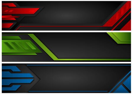 Set of Abstract Technology Banners - Red and Green and Blue Tech Design Illustration on Black Background, Vector Graphicのイラスト素材