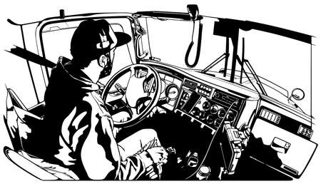 Professional Truck Driver Driving Truck Vehicle Going for a Long Transportation Route - Black and White Illustration, Vectorのイラスト素材