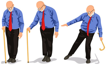 Grandfather with Walking Stick - Set of Three Illustrations Isolated on White Background, Vectorのイラスト素材