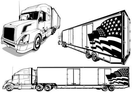 Set of Drawings of an American Truck with a Trailer - Black Illustrations Isolated on White Background, Vectorのイラスト素材