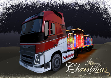 Christmas Card with a Truck and Trailer Full of Gifts with Colorful Christmas Lights - Detailed Realistic Illustration, Vectorのイラスト素材