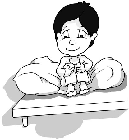 Drawing of a Boy in Pajamas Sitting in Bed - Cartoon Illustration Isolated on White Background, Vectorのイラスト素材
