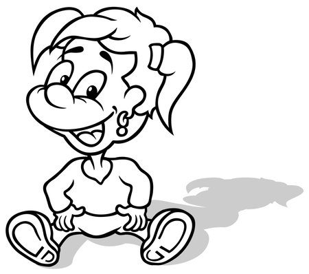 Drawing of a Sitting Little Girl with Ponytails - Cartoon Illustration Isolated on White Background, Vectorのイラスト素材