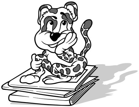 Drawing of a Cute Dreamy Leopard Sitting on School Notebooks - Cartoon Illustration Isolated on White Background, Vectorのイラスト素材