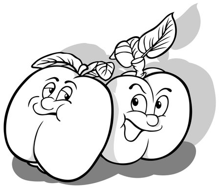 Drawing of Two Apricots with Faces - Cartoon Illustration Isolated on White Background, Vectorのイラスト素材