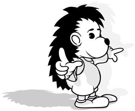 Drawing of a Dressed-up Hedgehog Pointing with his Hands from Side View - Cartoon Illustration Isolated on White Background, Vectorのイラスト素材