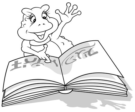 Drawing of a Smiling Frog with an Open Book of Spells - Cartoon Illustration Isolated on White Background, Vectorのイラスト素材
