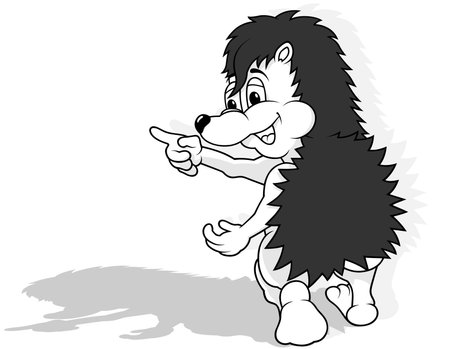 Drawing of a Smiling Hedgehog from Rear View Pointing a Finger - Cartoon Illustration Isolated on White Background, Vectorのイラスト素材