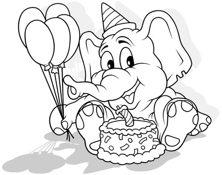 Drawing of a Smiling Elephant at Birthday Party with Cake and Party Balloons - Cartoon Illustration Isolated on White Background, Vectorのイラスト素材