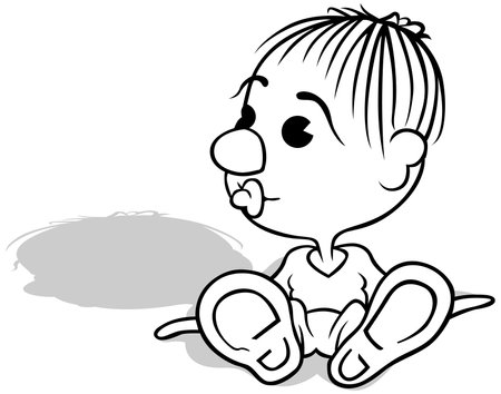 Drawing of a Little Boy with a Pacifier in his Mouth Sitting on the Ground - Cartoon Illustration Isolated on White Background, Vectorのイラスト素材