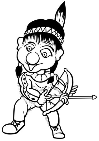 Drawing of a Native American with a Bow and Arrow in his Hands - Cartoon Illustration Isolated on White Background, Vectorのイラスト素材