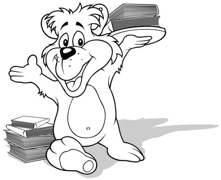 Drawing of a Smiling Teddy Bear with Books on a Tray - Cartoon Illustration Isolated on White Background, Vectorのイラスト素材