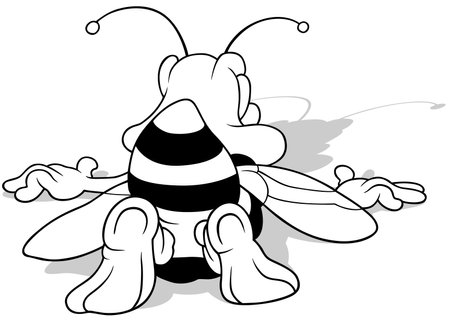 Drawing of a Bee or Wasp Lying on the Ground from the Rear View - Cartoon Illustration Isolated on White Background, Vectorのイラスト素材