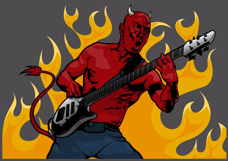 Devil Guitarist with Flames in the Background - Colored Illustration Isolated on Gray Background,...