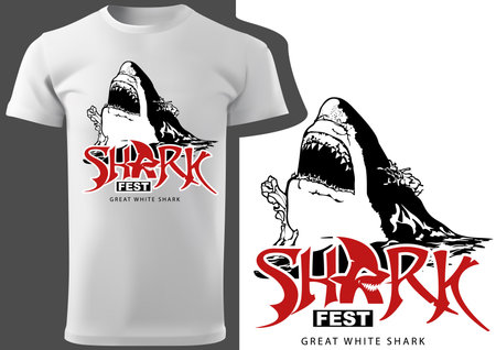 Graphic Design for a T-shirt Print with the Motif of a Great White Shark with Terrifying Jaws - Illustration Isolated on White Background, Vectorのイラスト素材