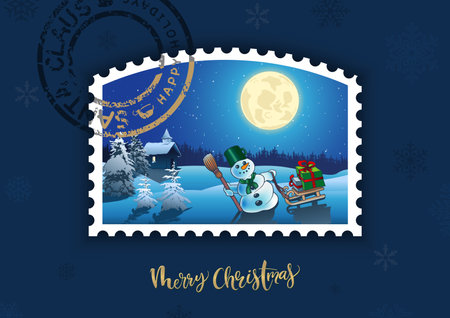 Holiday Greeting Card with Christmas Postage Stamp - Abstract Illustration on a Blue Background, Vectorのイラスト素材