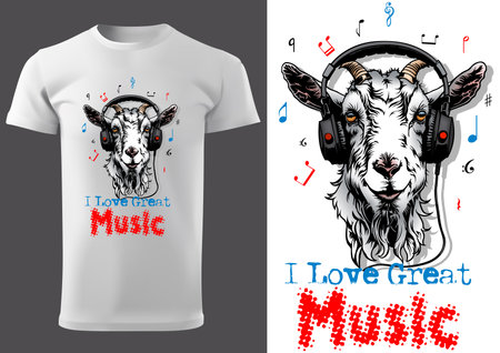 I Love Great Music with a Goat Illustration as a Textile Print Motif - Black and White Image, Vectorのイラスト素材