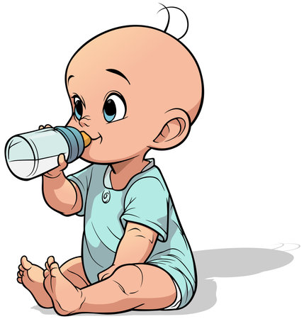 Cartoon Newborn Holding a Baby Bottle and Sitting on the Ground - Colored Illustration Isolated on White Background, Vectorのイラスト素材