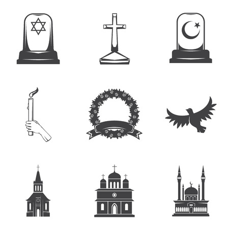 Vector isolated image burial, headstones, graves, funerals and cemeteries. Monochrome line symbols of sorrow and grief. Funeral services and printing. Set of 9 graphic iconsの写真素材