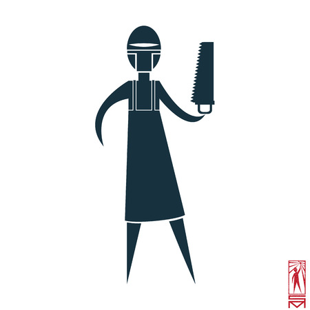 Man Person Basic body position Stick Figure Icon silhouette vector sign,doctor, surgeon, saw mask, apron.character with a saw doctorのイラスト素材