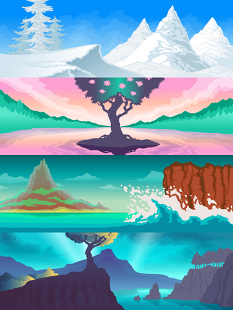Color set of illustrations of the seasons. Landscapes nature views. Snowy mountains, rocks in the sea, flowering tree, autumn rainy landscape.のイラスト素材