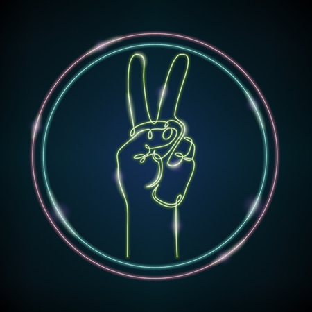 Continuous single one drawn line of the hand symbol of the victory of the logo in the circle.のイラスト素材