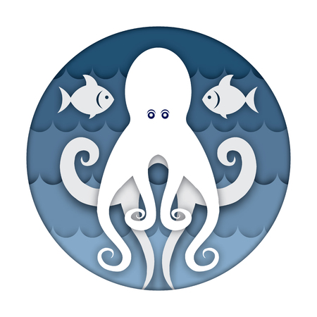 Vector image of an octopus against the background of sea waves and fish. Art paper carving and crafting style. Round icon. The underwater world of the sea.のイラスト素材