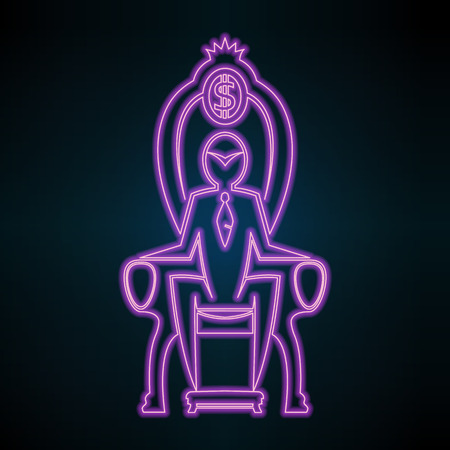 Man basic body position, stick figure icon silhouette vector sign. Businessman, tie, the chair, the throne, the dollar, a symbol of power, the crown. Illustration of a man sitting on a chair.のイラスト素材