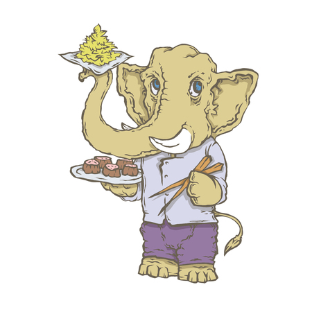 Vector isolated image of the character of the animal cook. National cuisine. Elephant with pad thai.のイラスト素材