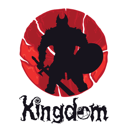 King Knight in armour on a colored background with a roundtable with the sword in hand at the bottom of the inscription KINGDOM logo.のイラスト素材