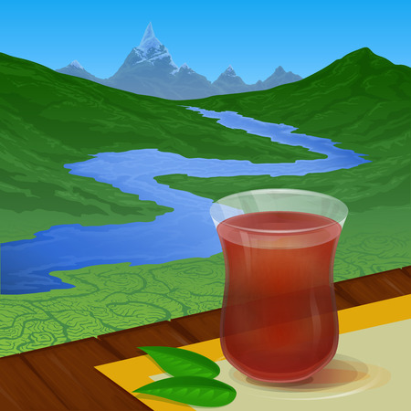 Colored illustration depicting a glass cup with tea on a background of tea plantations, blue river and distant mountainsのイラスト素材