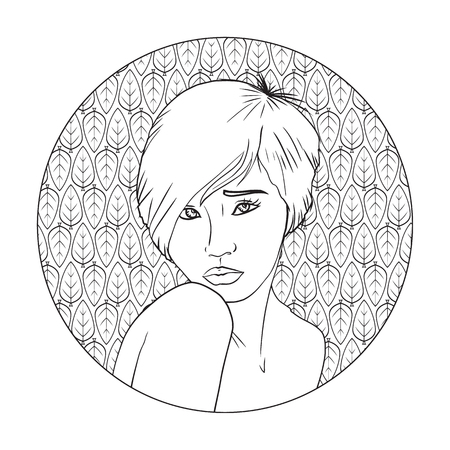 Image of a girl with short hair on the background of the circle with of leaves pattern.のイラスト素材