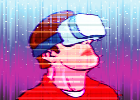 Color image of interference on a colored background of a person in virtual reality glasses. The concept VR of high technology and digital entertainment.のイラスト素材