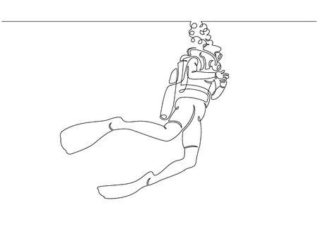 Continuous single one drawn scuba diver line underwater in the sea. The concept of sport is a journey of scuba diving.のイラスト素材
