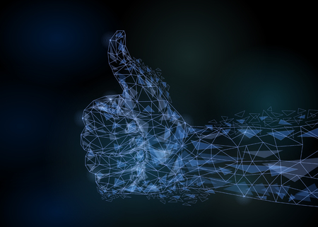 Abstract image of a hand Thumb up in the form of a starry sky or space, consisting of points, lines, and shapes in the form of planets, stars and the universe. Vector businessのイラスト素材