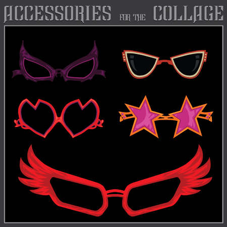 Set for a collage. Several types of colored glasses, stars, wings, heartsのイラスト素材