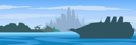 Colored sea panorama. Ship liner on the background of the port and harbor. Against the backdrop of the city and the blue skyのイラスト素材