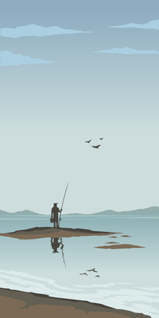 Fisherman on the river.Fisherman catches a fish on a fishing trip on the background of nature and waterのイラスト素材