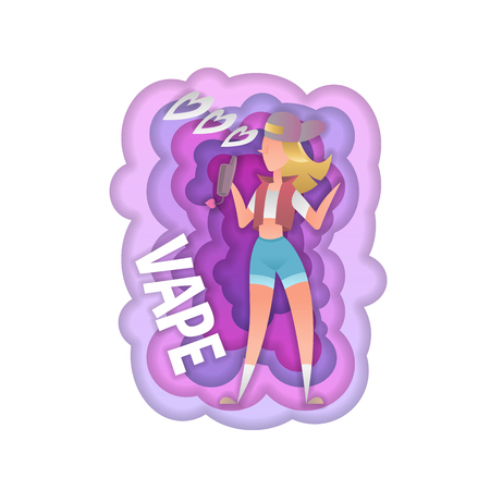 Color vector cartoon character smokes a vape. Background isolated abstract colored smoke. Paper art and digital craft style.Hipster girl modern characterのイラスト素材