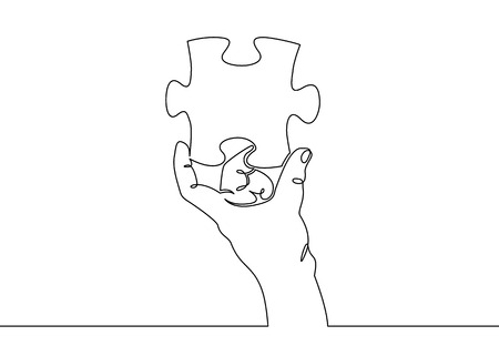 One continuous drawn single hand palm hand holding puzzle. Concept solution, piece, idea, puzzle, problem, connection, abstract.のイラスト素材