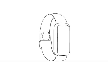 Continuous one single drawn line fitness bracelet smartwatch. New technologies of communication. Fitness sports health, a healthy lifestyle.Smart watch, technology, gadget, device, icon, smart, screen.のイラスト素材