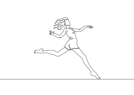 Continuous single drawn single line of happy jumping girl?woman. Vacationers are jumping in the summer on the beach, recreation, entertainment.のイラスト素材