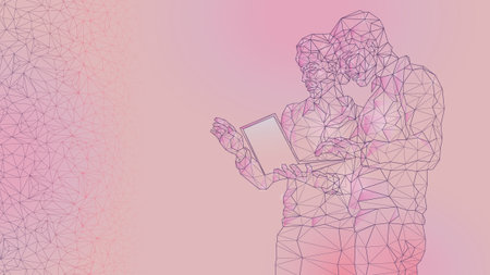 Abstract image of a meeting of a woman and a man by a businessman, teamwork, high technology, working on a laptop. Polygons from lines, dots and shapes. A pink background. Purple lines.のイラスト素材