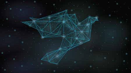 Abstract  Polygonal wireframe Low poly mesh origami paper bird  ,consisting of points lines, shapes,dots, stars.On blue night sky dark background,のイラスト素材