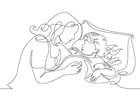 One continuous drawn single art line doodle sketch character mother wakes up daughter, mother sleeps with babyのイラスト素材