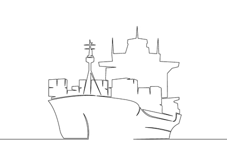 One continuous drawn single art  line  doodle  drawing  sketch cargo transport ship. Concept of global container transport, logistics of export and import of international transport.のイラスト素材