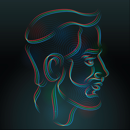 Illustration of drawn tricolor lines of the RGB portrait of a stylish hipster beard bang. Colored drawing, drawn by hand on a dark background, neon glow, stars and dots.Dark backgroundのイラスト素材