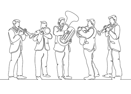 One continuous single drawn line art doodle male brass quintet. The concept of a musical ensemble, concert, performance.のイラスト素材