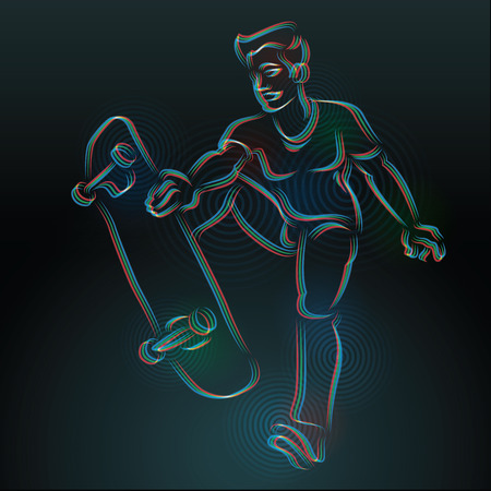 Illustration of drawn tricolor lines of the RGB skateboarder on a skateboard in a jump . Colored drawing, drawn by hand on a dark background, neon glow, stars and dots.Dark backgroundのイラスト素材